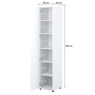 The CHOICEWARDROBE Cyan 45cm High Gloss Single Door Wardrobe is a slim white modern cupboard with one door open, six shelves (5 x 33cm high, middle shelf 37.4cm), and measures 218cm high, 46cm deep, and 45cm wide—perfect for bedrooms.