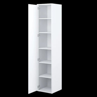 The CHOICEWARDROBE Cyan Wooden 1 Door Wardrobe in white finish, 45cm wide, features five evenly spaced shelves behind a partially open door, set against a black background—perfect for space-saving storage.