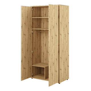 The CHOICEWARDROBE Cyan Wooden Wardrobe features 2 doors, adjustable shelves, and a hanging rail. At 101cm wide in an oak finish, this tall storage solution offers flexible bedroom organization with a stylish design.