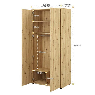 The CHOICEWARDROBE Cyan Wooden Wardrobe features 2 doors, an oak finish, adjustable shelves, and a hanging rail—perfect for bedroom storage. Dimensions: 101cm (W) x 55cm (D) x 218cm (H); internal shelf/compartment heights are marked.