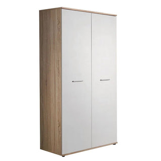 The CHOICEWARDROBE Dania 2 Door Wardrobe in White & Oak Effect (90cm) offers compact, modern bedroom storage with sleek doors and minimalist metal handles, blending style and function for any contemporary space.