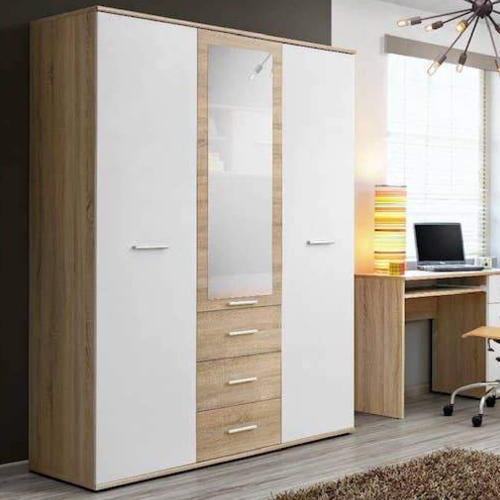 CHOICEWARDROBE Dania 3 Door Mirrored Wardrobe, white oak effect with drawers, 135cm wide