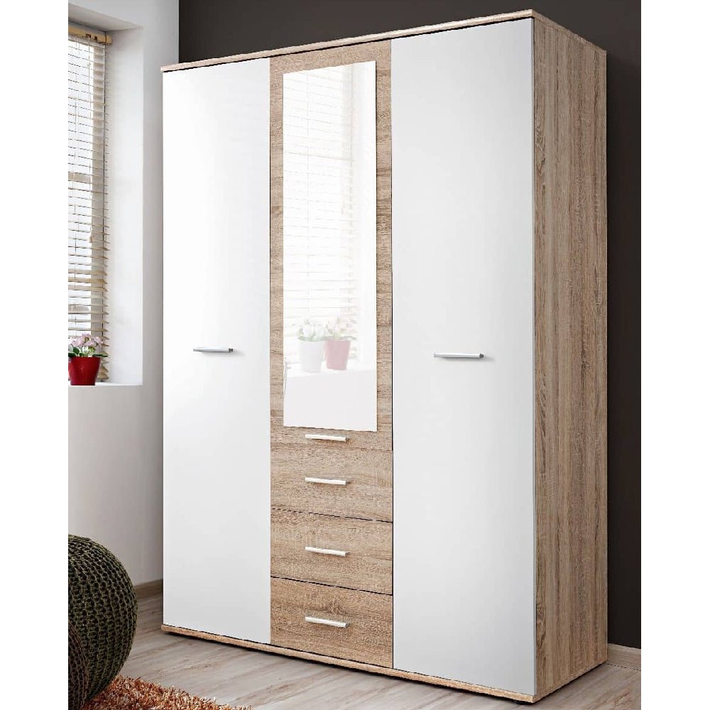 Dania 3-door wardrobe with central mirror, white doors, oak effect frame and 4 drawers.