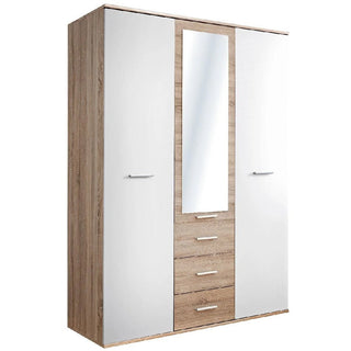 The CHOICEWARDROBE Dania 3 Door Mirrored Wardrobe in White & Oak Effect (135cm) offers modern bedroom storage with two white doors, a central mirrored section, four drawers below, and sleek metal handles.
