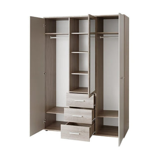 The CHOICEWARDROBE Dania 3 Door Mirrored Wardrobe in white & oak effect (135cm) offers modern bedroom storage with multiple shelves, central drawers, hanging rods, and a convenient vertical mirror on the middle door.