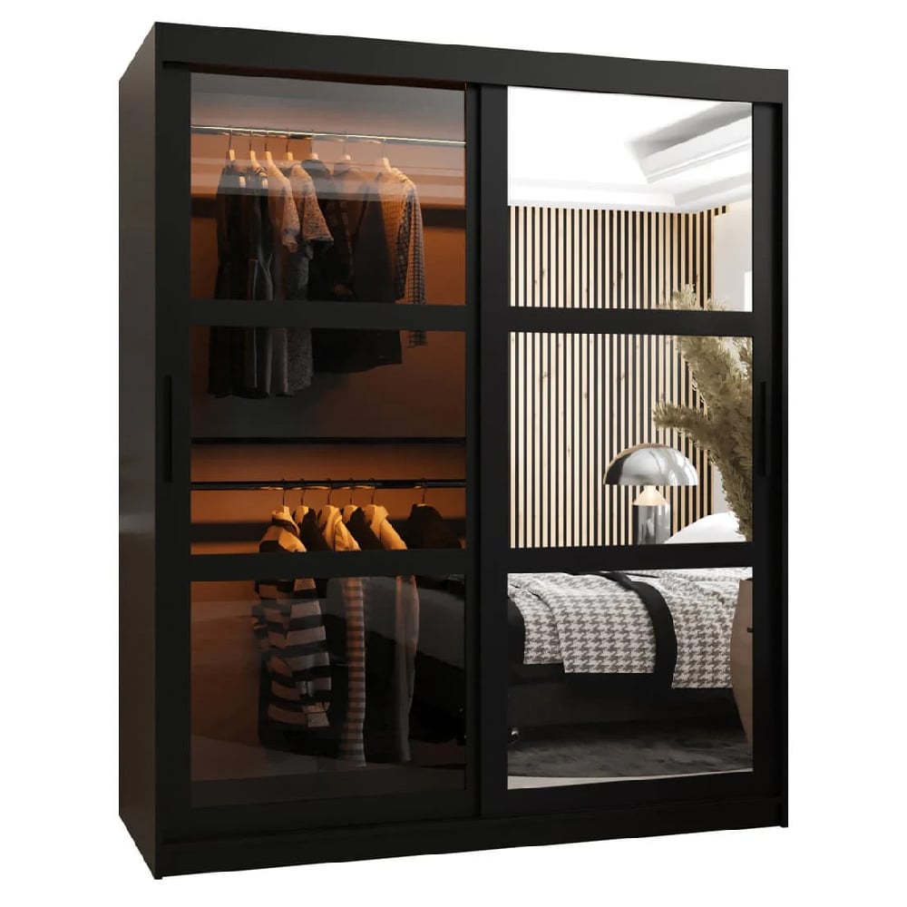 CHOICEWARDROBE Danville 150cm black glass sliding wardrobe with mirrored panels.