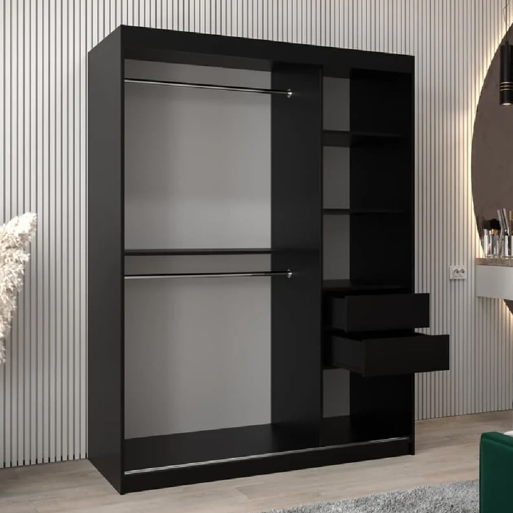 Black glass mirrored sliding door wardrobe with hanging rails, shelves, and open drawers.