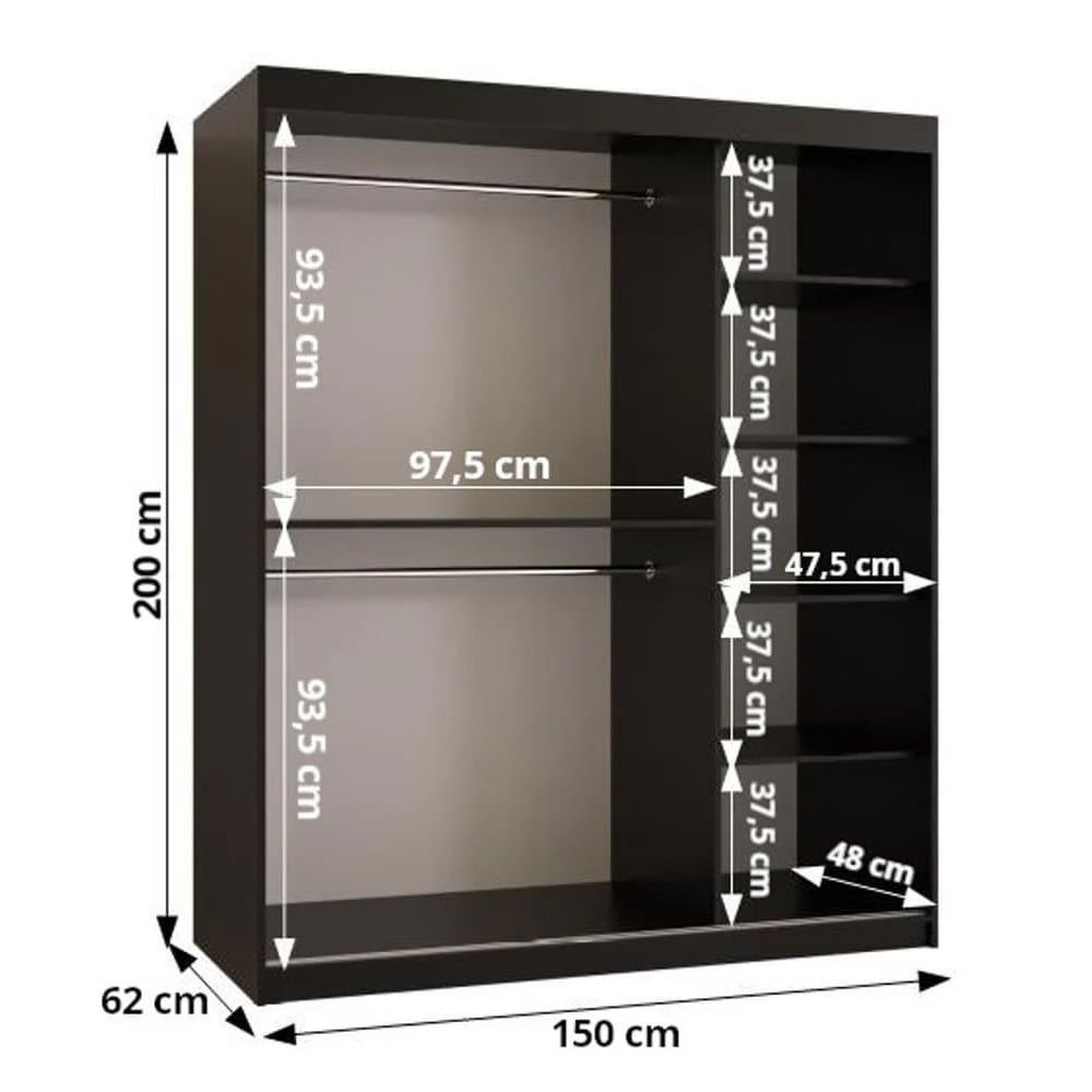 150cm black glass mirrored sliding door wardrobe with hanging rails and shelves