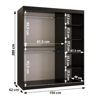 The CHOICEWARDROBE Danville 150cm Black Glass Mirrored Sliding Door Wardrobe features luxury panels, two left hanging rails, five right adjustable shelves, and labeled storage spaces. Dimensions: 200cm H x 150cm W x 62cm D.