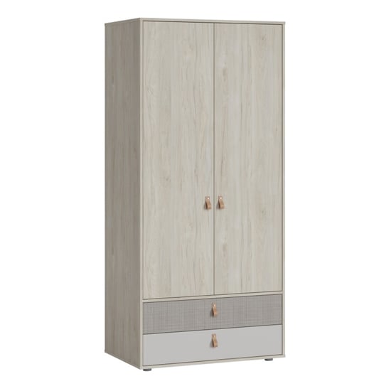 Light walnut 2-door wardrobe with 2 drawers and leather handles