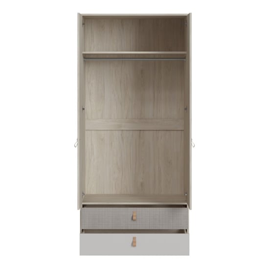 Danville 2-door hinged wardrobe interior view with light walnut finish, hanging rail, and two drawers.