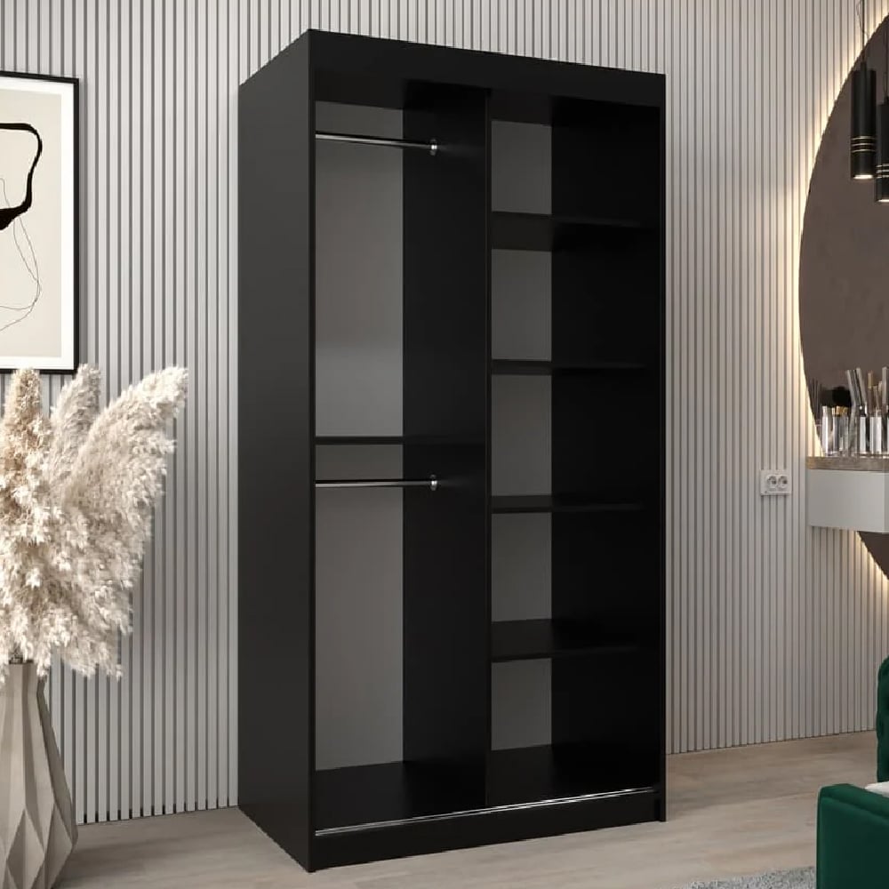 CHOICEWARDROBE Danville 2 door black sliding wardrobe with mirrored doors.