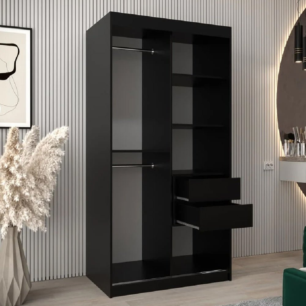 Black 2-door sliding wardrobe with mirrored panels and interior shelves shown.