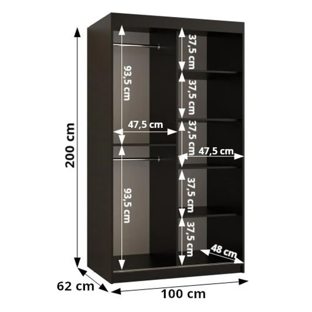 CHOICEWARDROBE Danville black 100cm sliding wardrobe with two mirrored doors, 5 shelves, 2 hanging rails