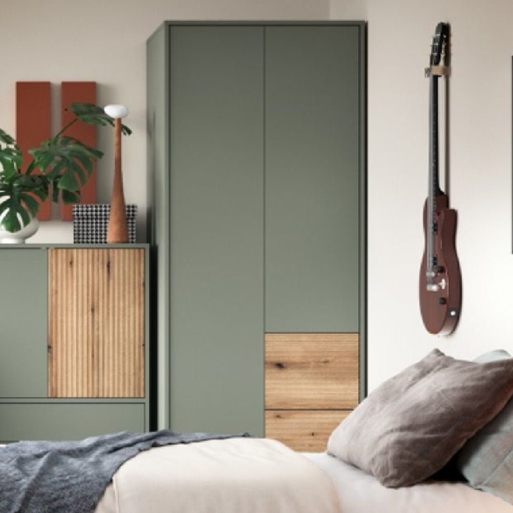 Sage green 2-door wardrobe with oak wood panel detail