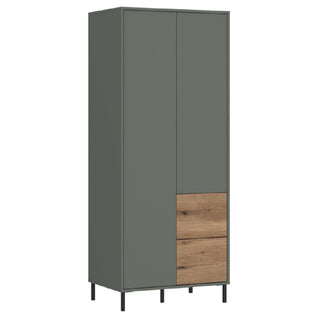 The CHOICEWARDROBE Danville 2 Door Wooden Wardrobe features a modern Scandinavian design in sage green and oak, with spacious drawers and sleek metal legs for a stylish, functional storage solution.