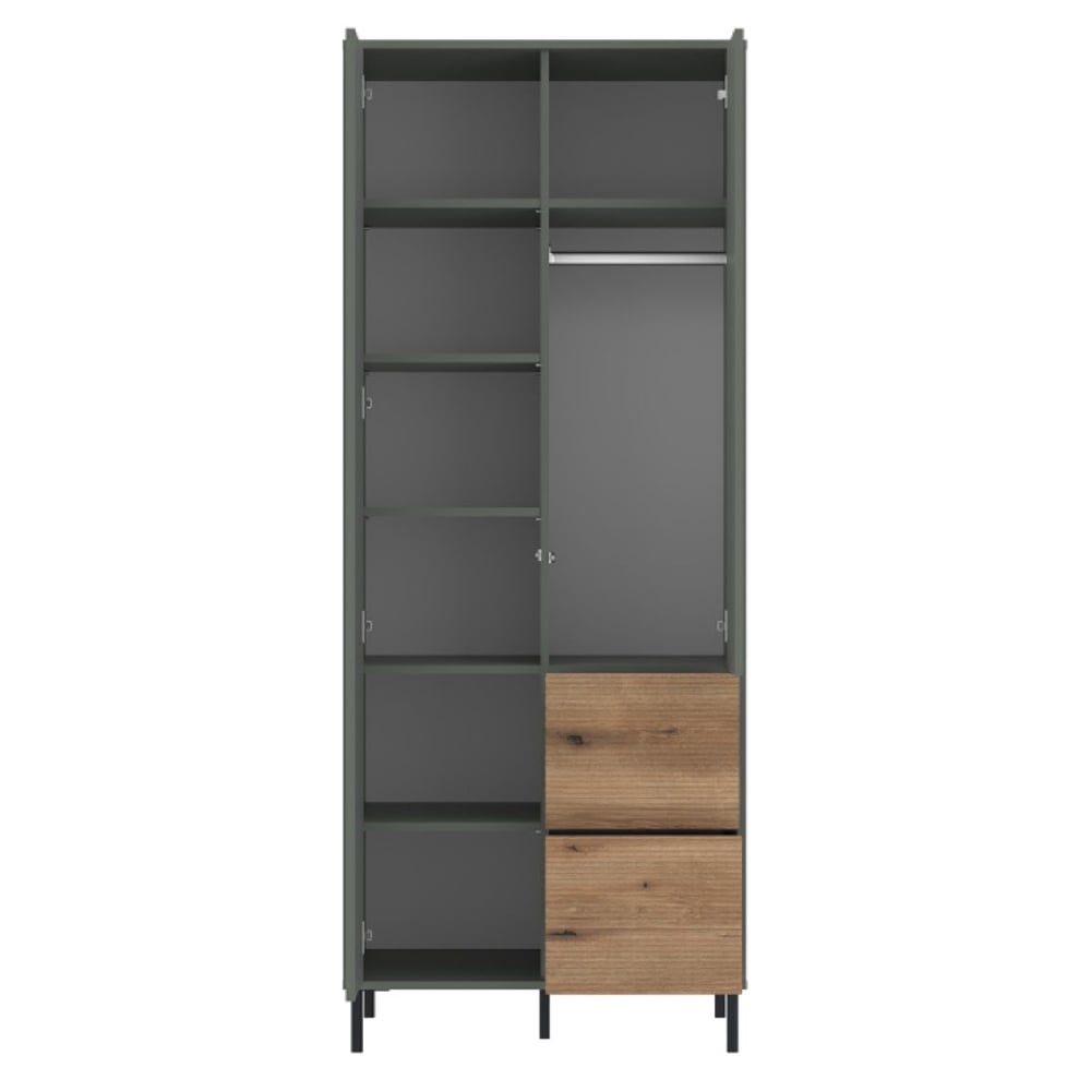 Sage green 2-door wardrobe with oak drawers and open shelves, metal legs, and hanging rail.