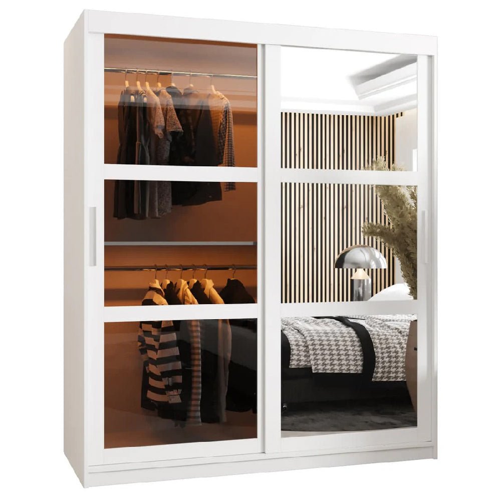 White 150cm sliding door wardrobe with mirrored doors, showing hanging clothes and shelves.