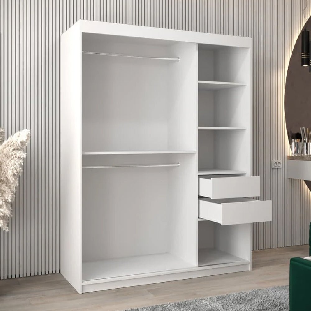 White CHOICEWARDROBE Danville wardrobe with 2 sliding mirrored doors, open shelves and drawers