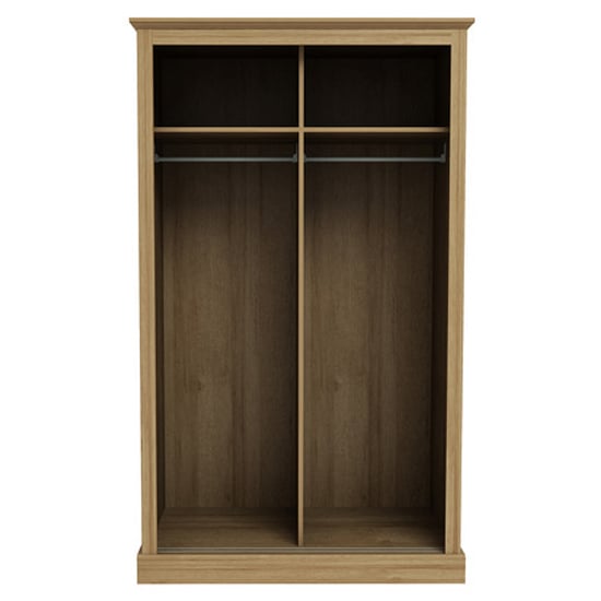 CHOICEWARDROBE Darnell 2-door sliding wardrobe interior in Oak finish with double hanging rails and upper shelves.