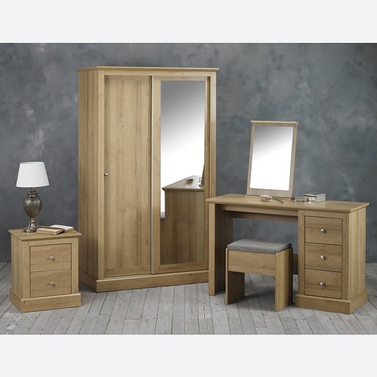 Darnell 2 door sliding wardrobe in oak finish with mirror door and matching furniture