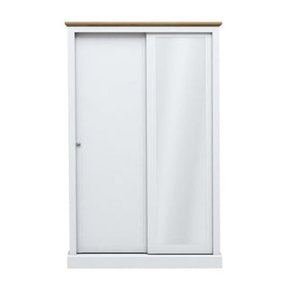 The CHOICEWARDROBE Darnell 2 Door Sliding Wardrobe features a white finish, full-length mirror, double hanging rail, plain design, wooden top, and a small round handle on the left sliding door. Measures 120cm wide.