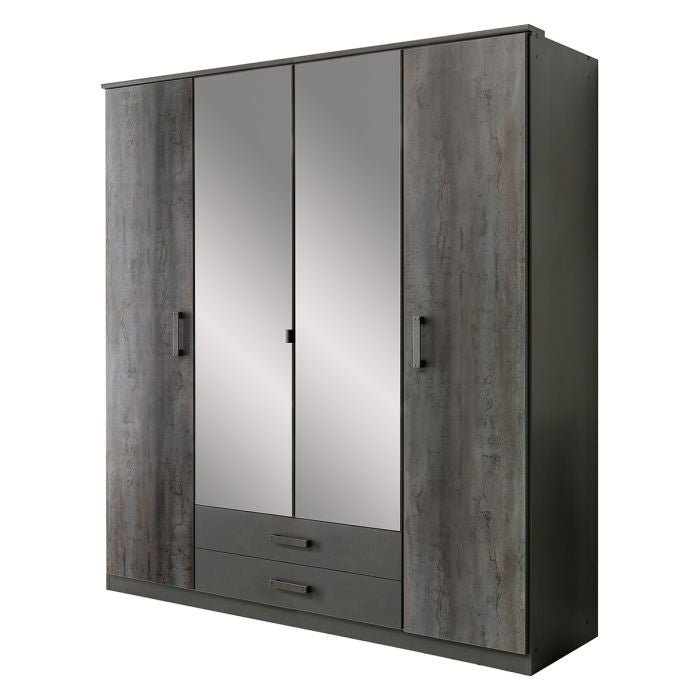 CHOICEWARDROBE Darwin 180cm 4 door wardrobe in concrete grey with two mirrored doors and two drawers.