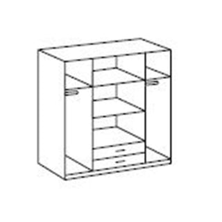 A black and white line drawing of the CHOICEWARDROBE Darwin 4 Door Wardrobe, 180cm in concrete grey, featuring mirrored doors, drawers, shelves, hanging rails, and a sleek contemporary design.