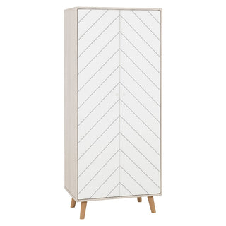 The CHOICEWARDROBE Davis 2 Door Wooden Wardrobe (78cm) features chevron-patterned white doors with thin diagonal black lines, a light wood frame in dusty grey & white finish, and modern Scandi legs.