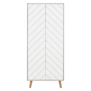 The CHOICEWARDROBE Davis 2 Door Wooden Wardrobe features chevron pattern doors in a dusty grey & white finish, modern Scandi light wood legs, and measures 78cm wide.
