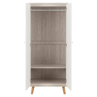 The CHOICEWARDROBE Davis 2 Door Wooden Wardrobe (78cm) in dusty grey and white features chevron pattern doors, a hanging rail, central and bottom shelves, and stands on modern Scandi light brown legs.