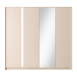 The CHOICEWARDROBE Davis 4 Door Mirrored Wardrobe boasts a beige gloss finish, central mirrored panels, and built-in LED lighting, offering a sleek and modern look against a plain white backdrop.