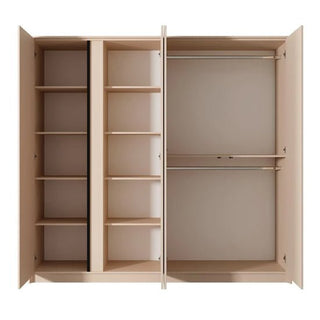 The CHOICEWARDROBE Davis 4 Door Mirrored Wardrobe in beige gloss finish features LED lighting, shelves in the left and center sections, and two hanging rods on the right—all doors open to reveal spacious storage compartments.