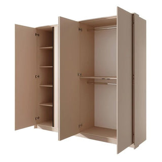 CHOICEWARDROBE Davis 4 Door Mirrored Wardrobe in beige gloss features LED lighting, shelves on the left, and hanging rods in the middle and right sections for organized clothing storage.