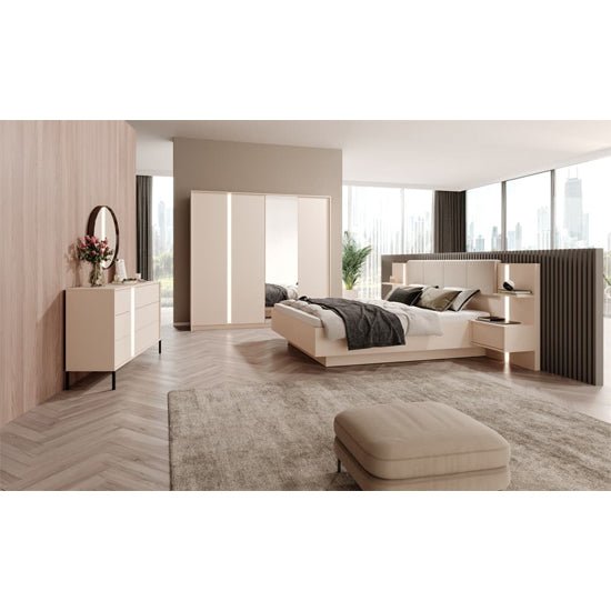 CHOICEWARDROBE Davis 4 Door Sliding Wardrobe in Beige Gloss with mirrored centre panel and LED lighting.