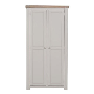 The CHOICEWARDROBE Dawson 2 Door Wooden Wardrobe features a classic Shaker style in taupe, an oak-finish top, paneled doors with round knobs, a hanging rail, and storage shelf—ideal bedroom storage.
