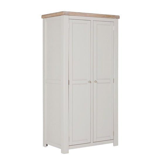 CHOICEWARDROBE 2-door taupe wooden wardrobe with oak top, Shaker style, hanging rail, and shelf.