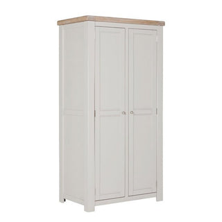 The CHOICEWARDROBE Dawson 2 Door Wooden Wardrobe in taupe and oak features classic Shaker style, a hanging rail, storage shelf, straight lines, and round handles—ideal for bedroom storage.