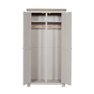 The CHOICEWARDROBE Dawson 2 Door Wooden Wardrobe in taupe & oak finish features classic shaker style, an open interior with a hanging rail, storage shelf, and stylish contrast top—ideal for bedroom organization.