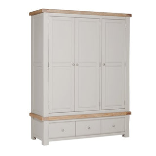 The CHOICEWARDROBE Dawson 3 Door Wooden Wardrobe (154cm, Grey & Oak Finish) features a classic design, triple storage with simple panel doors, round handles, and three bottom drawers—perfect for stylish bedroom storage.