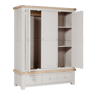 The CHOICEWARDROBE Dawson 3 Door Wooden Wardrobe in 154cm Grey & Oak Finish features triple storage with shelves and hanging space behind open doors, plus three drawers below—ideal for bedroom storage with its classic design.