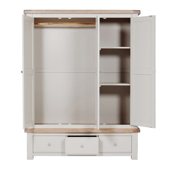 CHOICEWARDROBE Dawson 3 door grey wooden wardrobe with oak top and 3 drawers open view