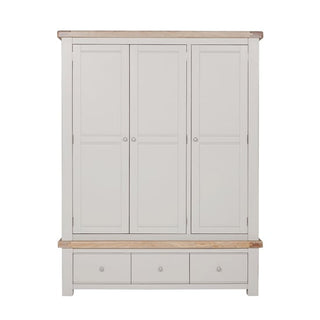 The CHOICEWARDROBE Dawson 3 Door Wooden Wardrobe – 154cm in Grey & Oak Finish features a classic design with triple storage, three panel doors, and three bottom drawers—ideal for simple, modern bedroom organization.