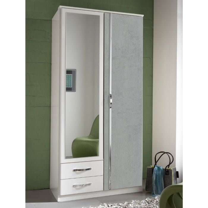 CHOICEWARDROBE Dayton 2 door 2 drawer mirrored wardrobe in white and concrete grey finish