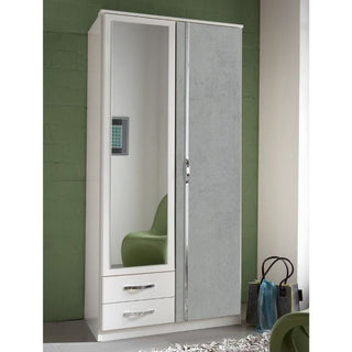 The CHOICEWARDROBE Dayton 2 Door 2 Drawer Mirrored Wardrobe (90 cm, White & Concrete Grey) features a modern, compact design with one full-length mirrored door and two bottom drawers. A green chair is partially reflected in the mirror.