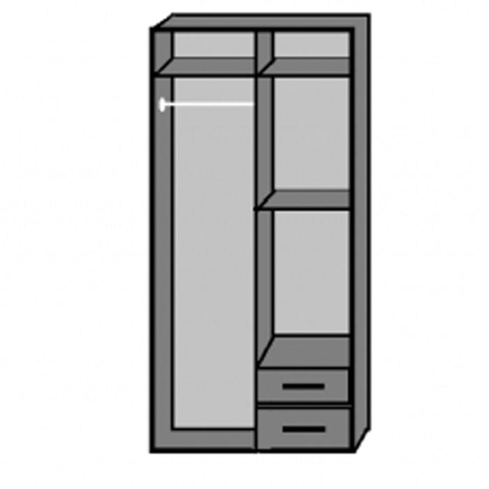 90cm two-door wardrobe line drawing with mirrored door, two drawers and shelves