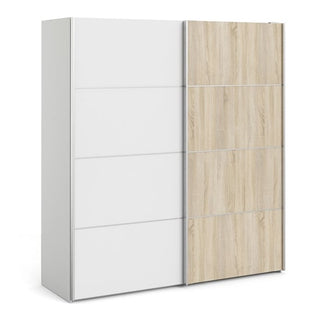 The CHOICEWARDROBE Dcap 180cm is a modern two-tone wardrobe with white and oak sliding doors, natural grain finish, shelves, and hanging rails—ideal for stylish bedroom storage.