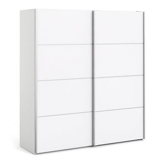 The CHOICEWARDROBE Dcap Wooden Sliding Door Wardrobe features 2 panelled white doors, double hanging rails, and top shelves in a compact 180cm width—perfect for modern, stylish storage in any room.