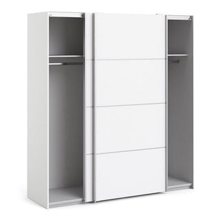 The CHOICEWARDROBE Dcap Wooden Sliding Door Wardrobe in white features 2 panelled sliding doors, double hanging rails, and top shelves—a compact modern solution at 180cm wide.