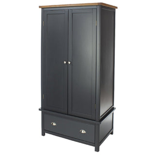 A tall CHOICEWARDROBE Delavan 2 Door Wooden Wardrobe in navy and oak finish, featuring classic design, drawer storage, and metal handles.